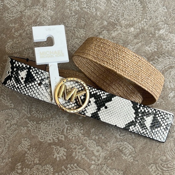 Brand New Michael Kors Black & White Snakeskin Woven Stretch Belt Gold Tone Logo